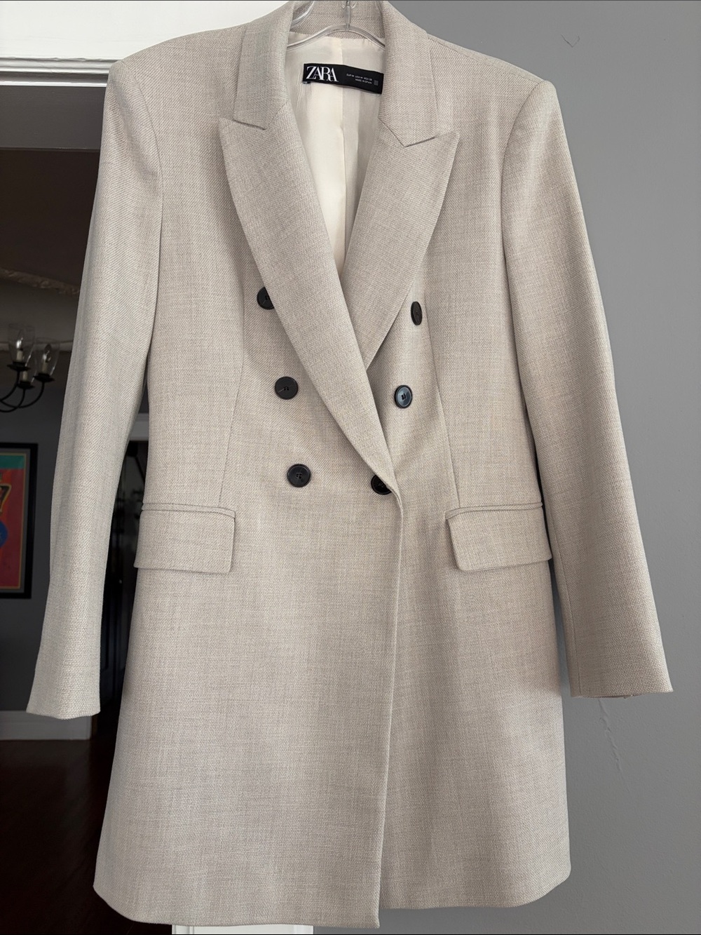 Zara Beige Double-Breasted Blazer with Black Buttons NWOT